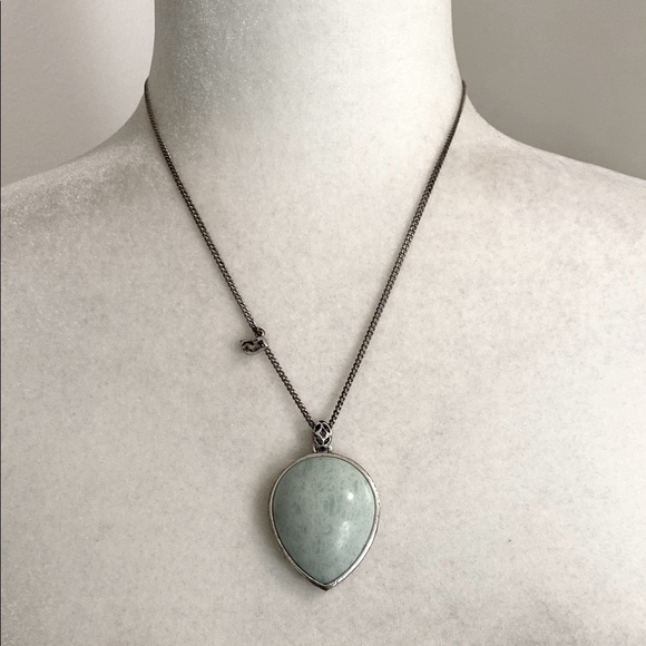 Fossil Turquoise Teardrop Stone Silver Necklace with Bird Charm Accent Vintage - Picture 1 of 16